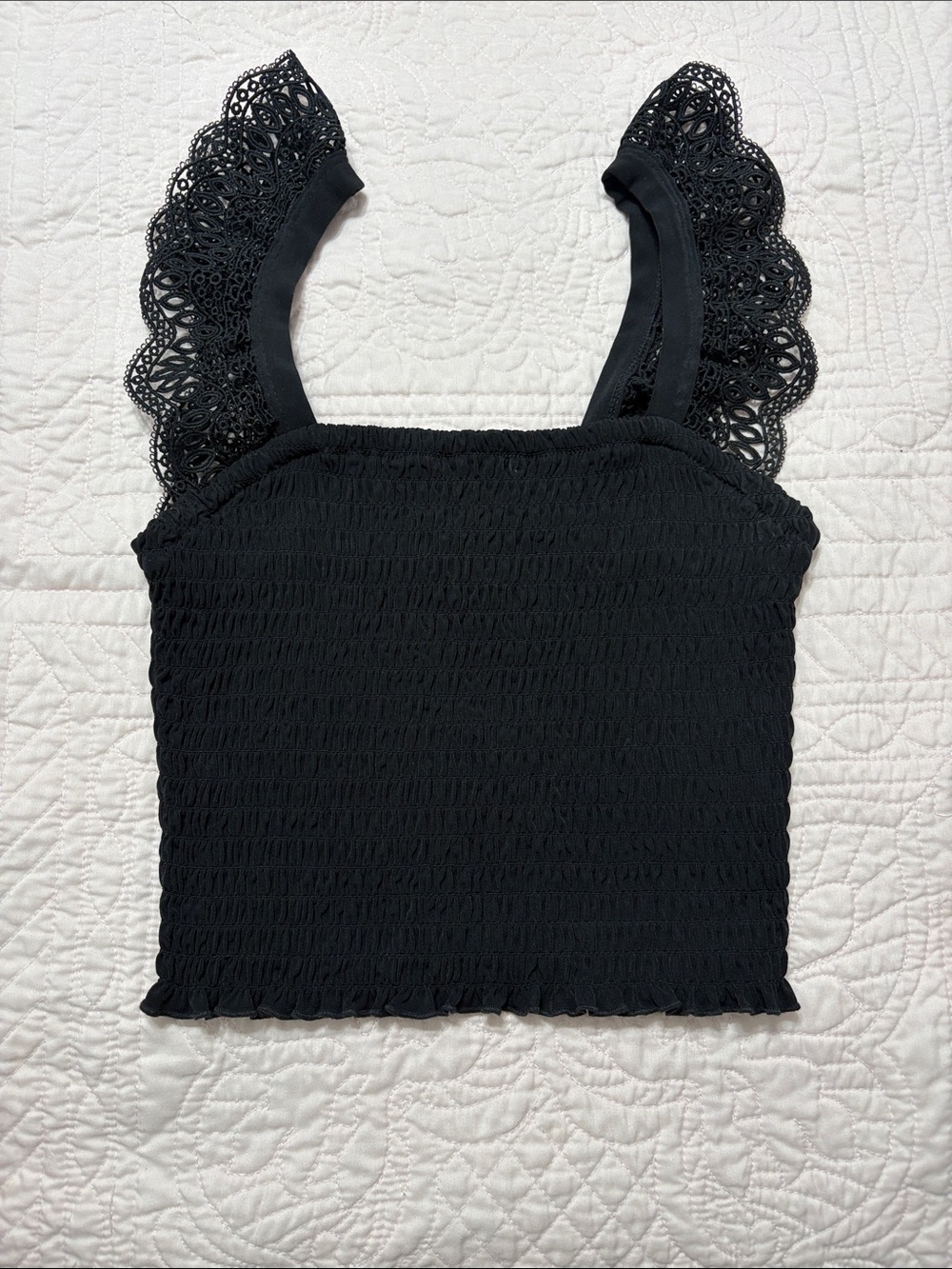 Express Black Smocked Crop Top with Lace Straps